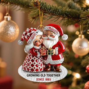 Santa Couple Growing Old Together With Christmas Gift, Custom Name Ornament, Personalized Gift For Couples And Spouses