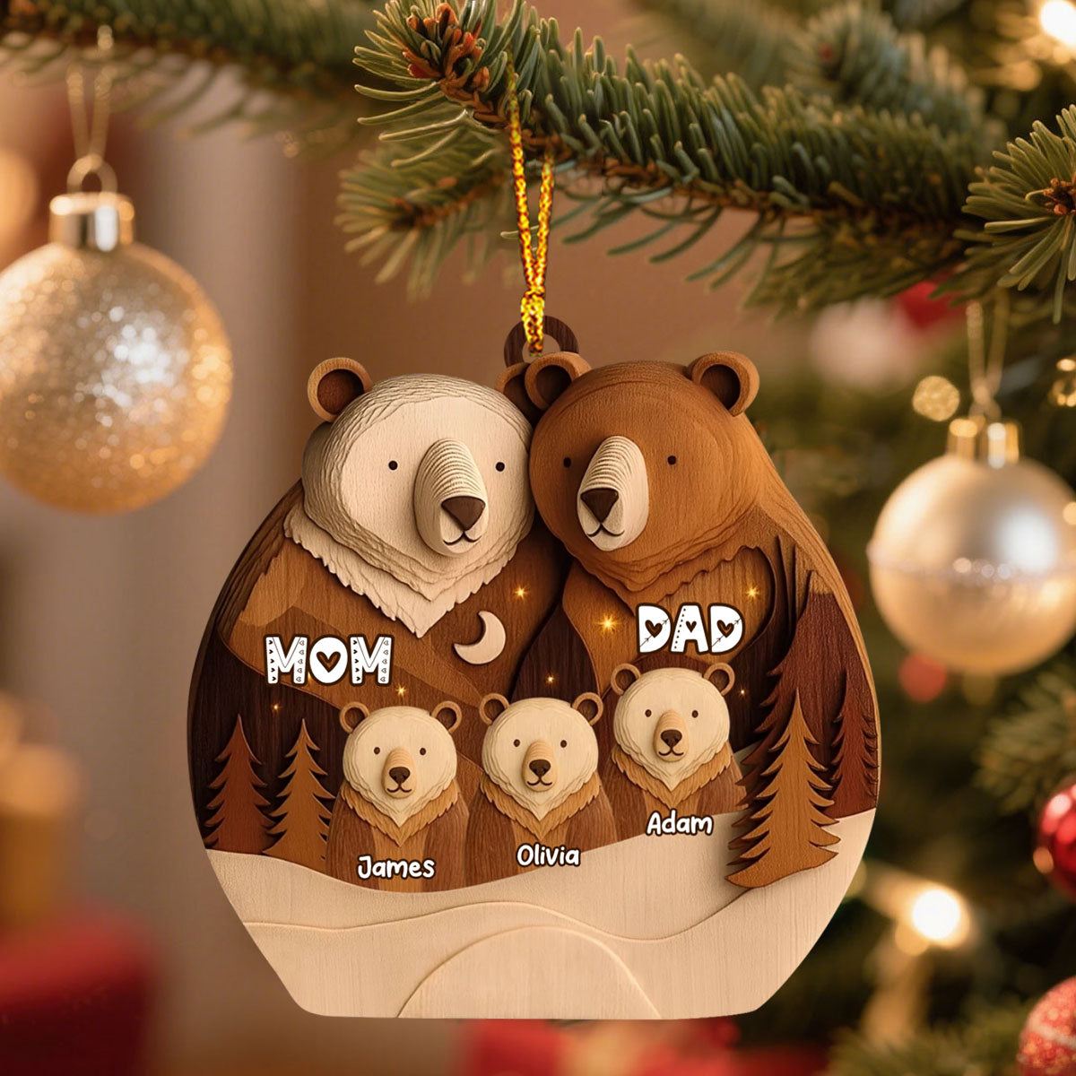 Bear Family Woodland Christmas - Personalized Wooden Ornament, Custom Name Christmas Tree Ornament, Gift for Family
