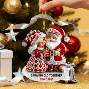 Santa Couple Growing Old Together With Christmas Gift, Custom Name Ornament, Personalized Gift For Couples And Spouses