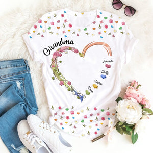 Personalized Grandma Mom Kids Heart Floral Print T-Shirt