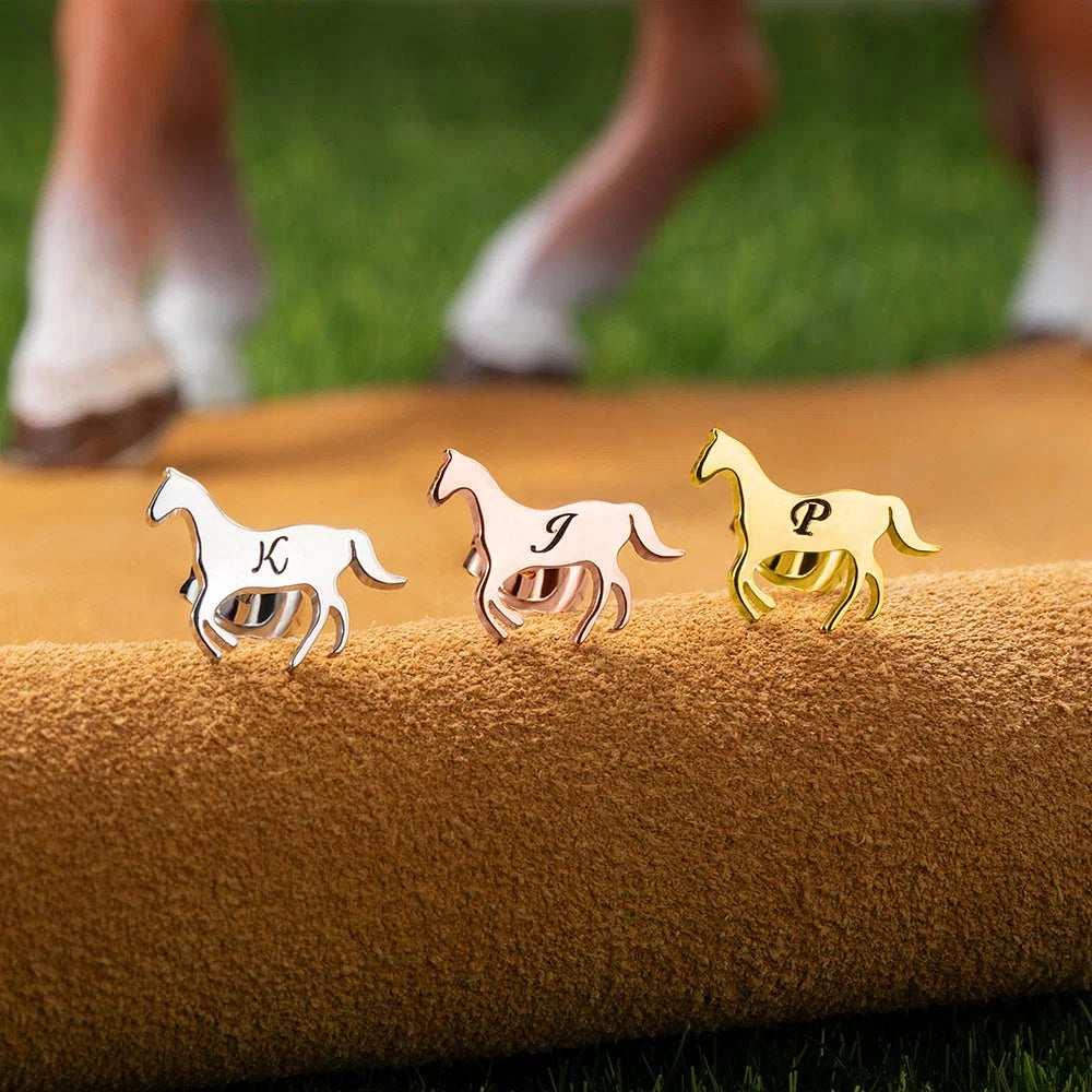 Personalized Little Galloping Horse Stud Earrings with Engraved Initial Gift for Horse Lover