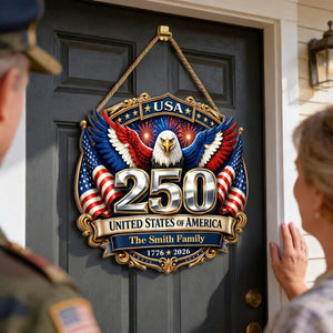America 250th Anniversary Patriotic Eagle Personalized Wooden Sign, Family Decoration