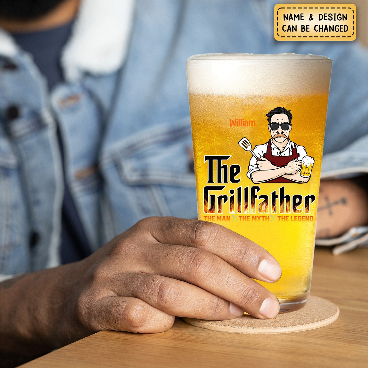Personalized The Grillfather, The Real Master Family Beer Glass