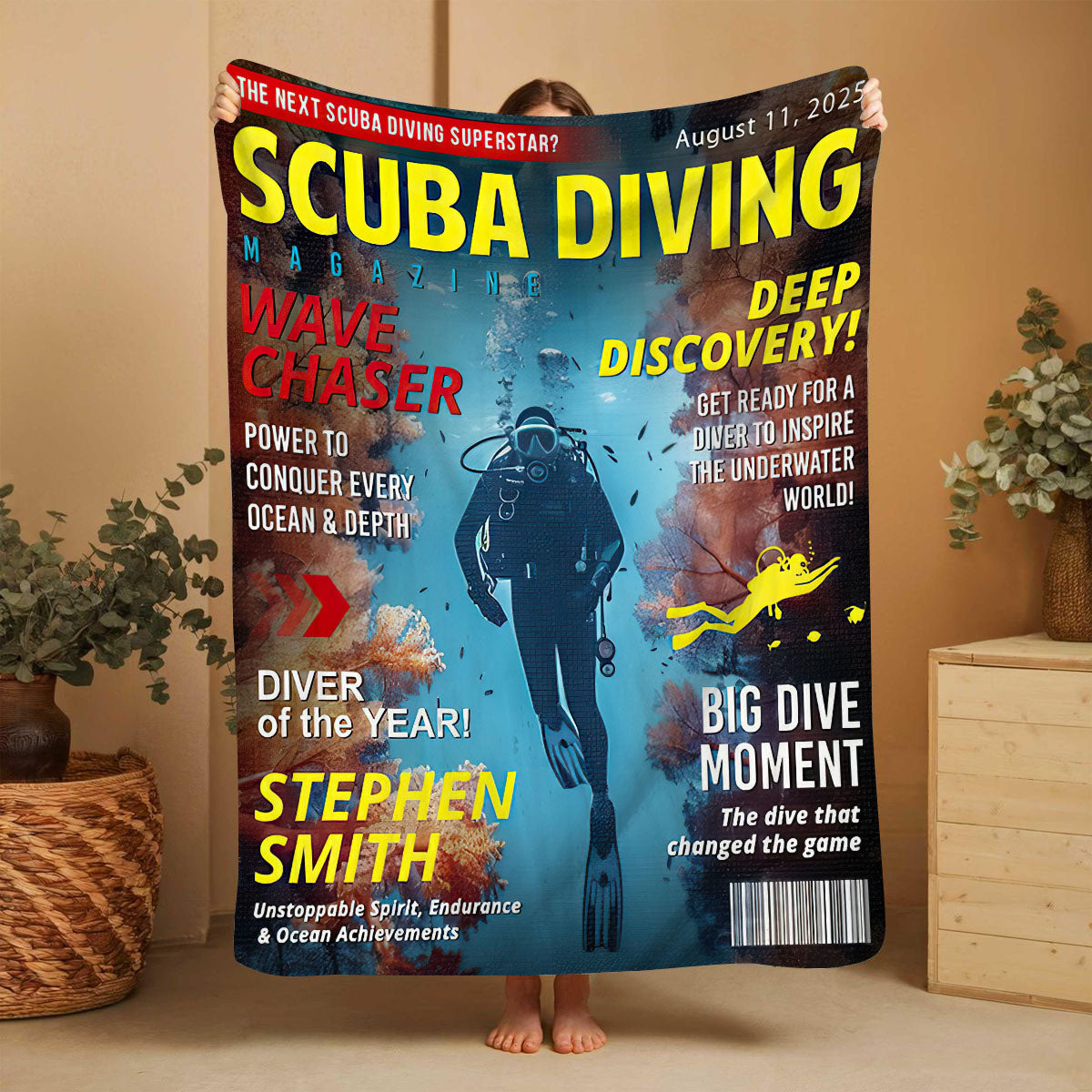 Personalized Scuba Diving Magazine Cover Blanket, Custom Scuba Diving Dad Gift, Scuba Diving Lover Gift