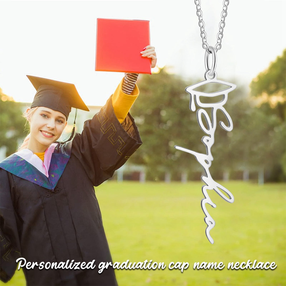 Personalized graduation name necklace, mortarboard necklace