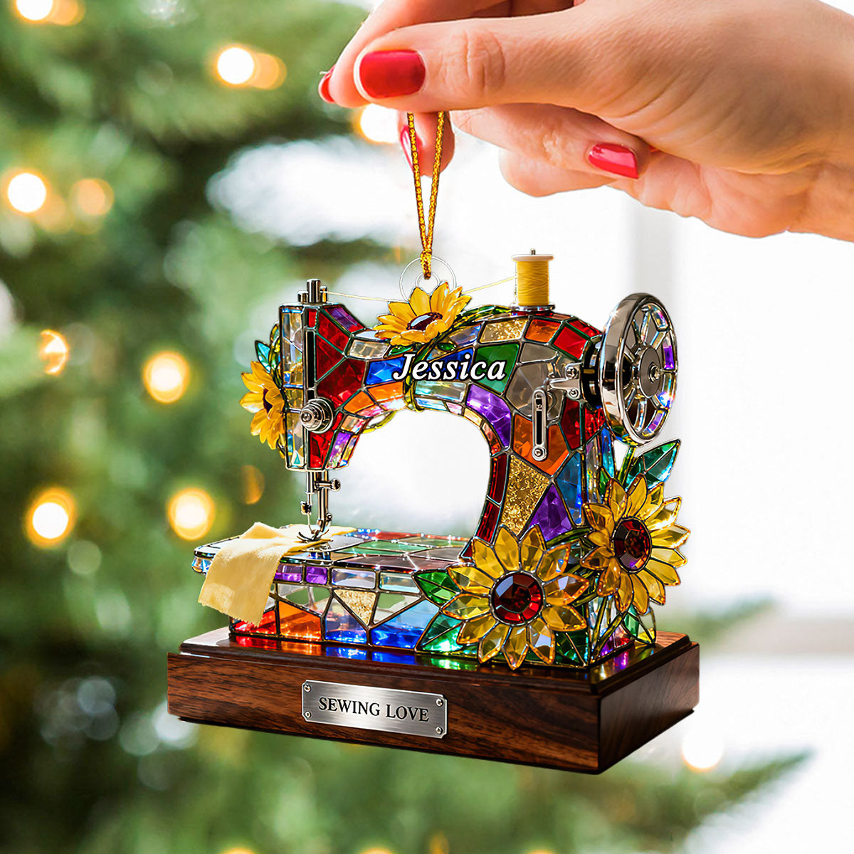 Personalized Stained Glass Effect Sewing Machine Themed Ornament