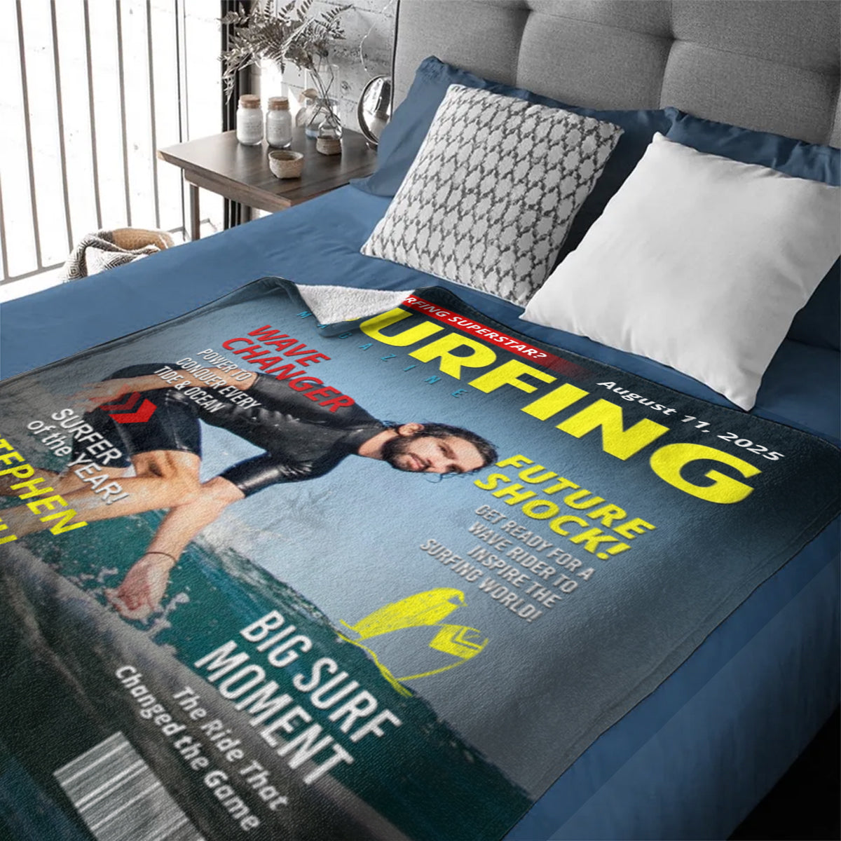 Personalized Surfing Photo Magazine Cover Blanket Gift For Surfers, Surfing Gift For Him