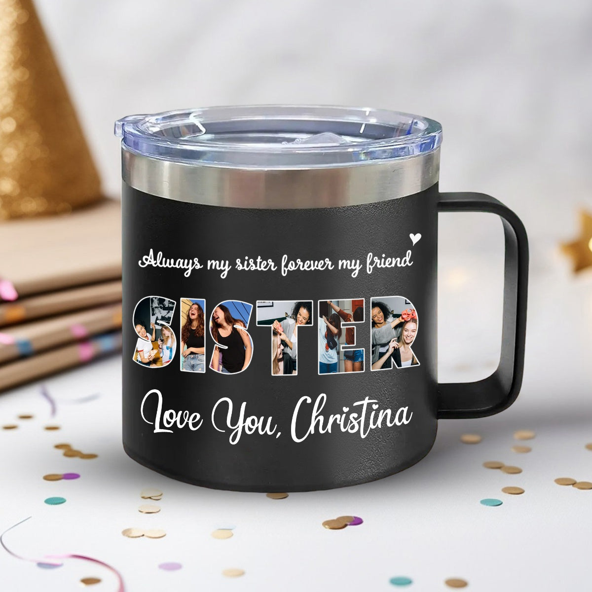 Gift For Sister/Friend/BFF/Bestie/Cousins - Personalized 14oz Stainless Steel Tumbler With Handle