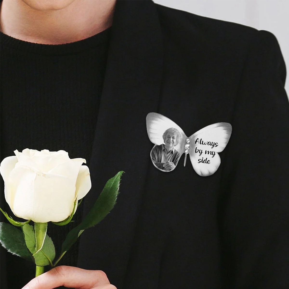 Personalized Silk Butterfly Memorial Brooch Pin with Words Photo and Crystal