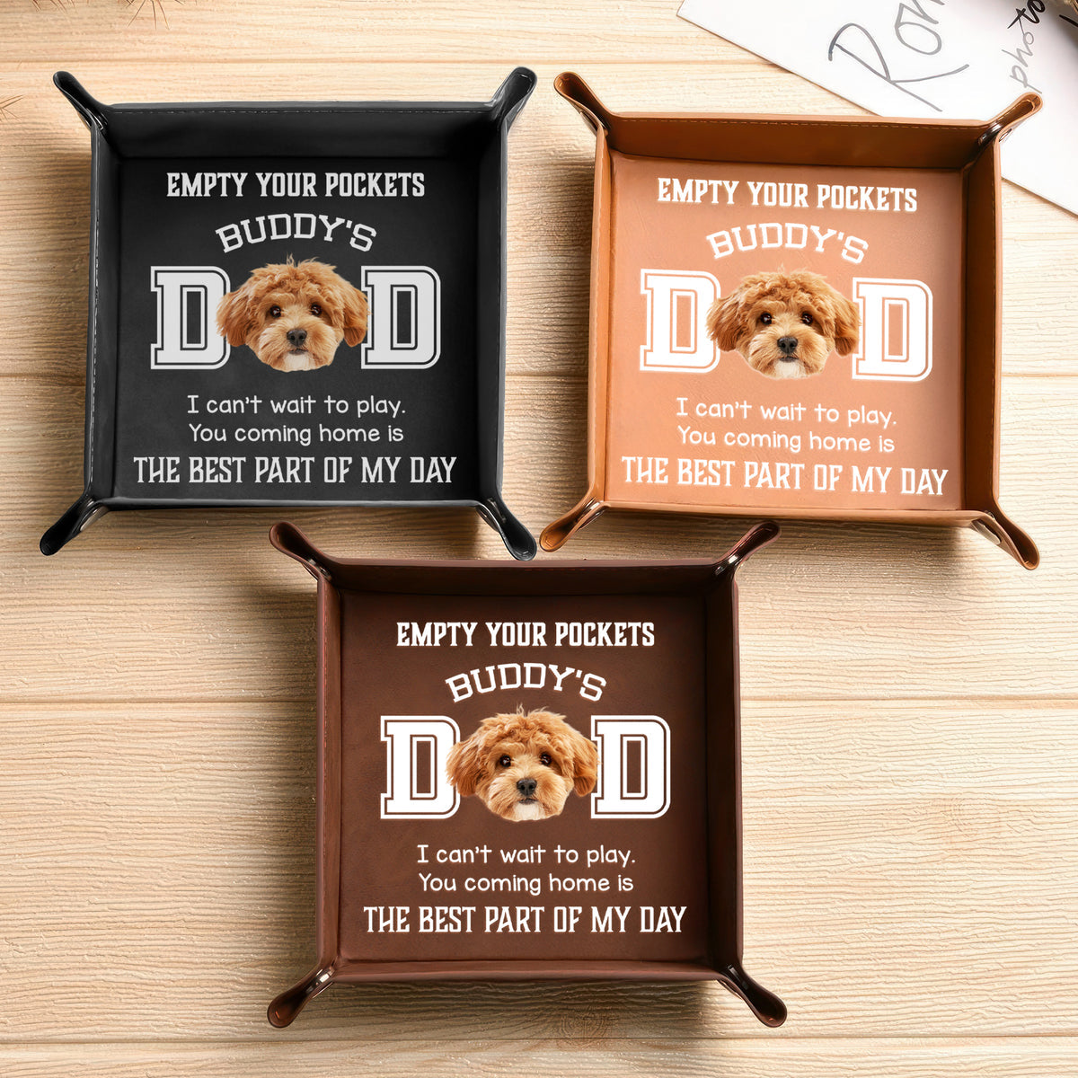 Custom Photo Dog Can't Wait To Play With Dad Personalized Leather Valet Tray