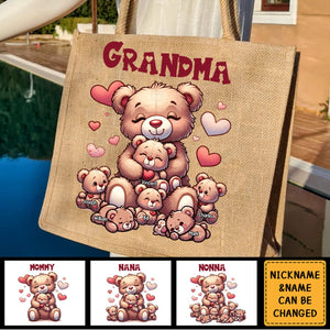 Personalized Grandma Bear With Cute Grandkids Jute Tote Bag