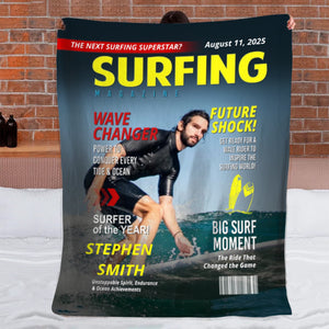 Personalized Surfing Photo Magazine Cover Blanket Gift For Surfers, Surfing Gift For Him