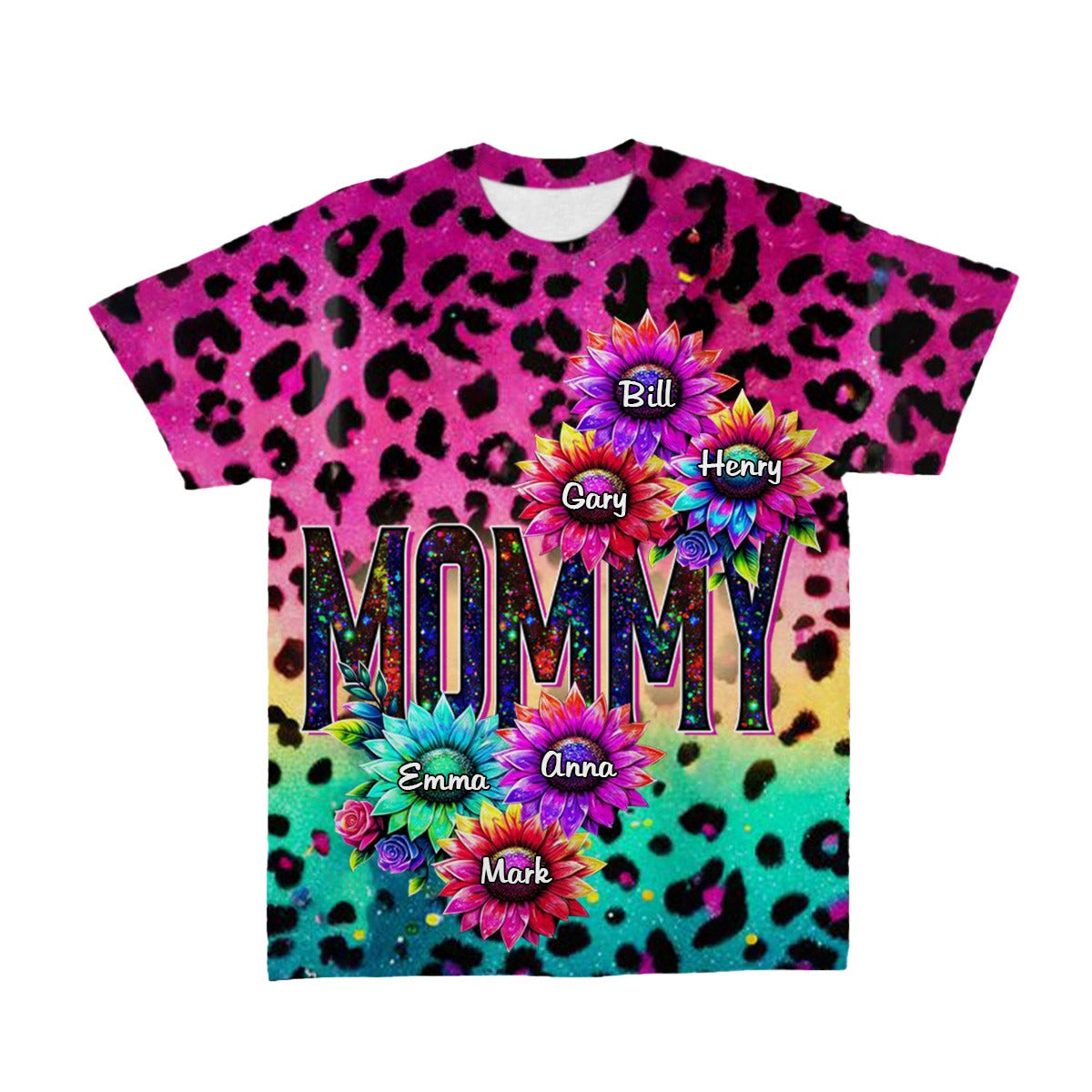 Sunflowers Glitter Leopard Nana Grandma Mom Personalized 3D T-shirt