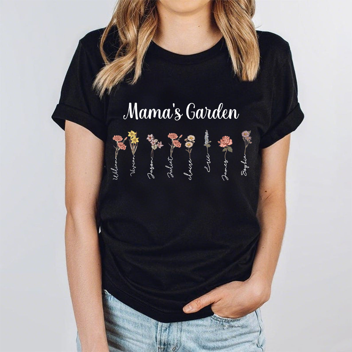 Custom Birth Flowers and Names,  Personalized Mama Garden T-Shirt