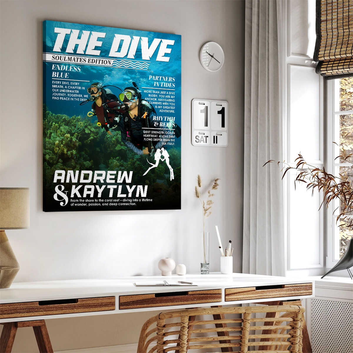 Custom Scuba Diver Couple Magazine Cover Canvas, Scuba Diving Magazine Cover, Ocean Lover Canvas Wall Art, Scuba Diving Soulmates Sign
