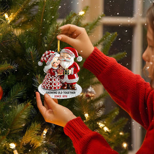 Santa Couple Growing Old Together With Christmas Gift, Custom Name Ornament, Personalized Gift For Couples And Spouses