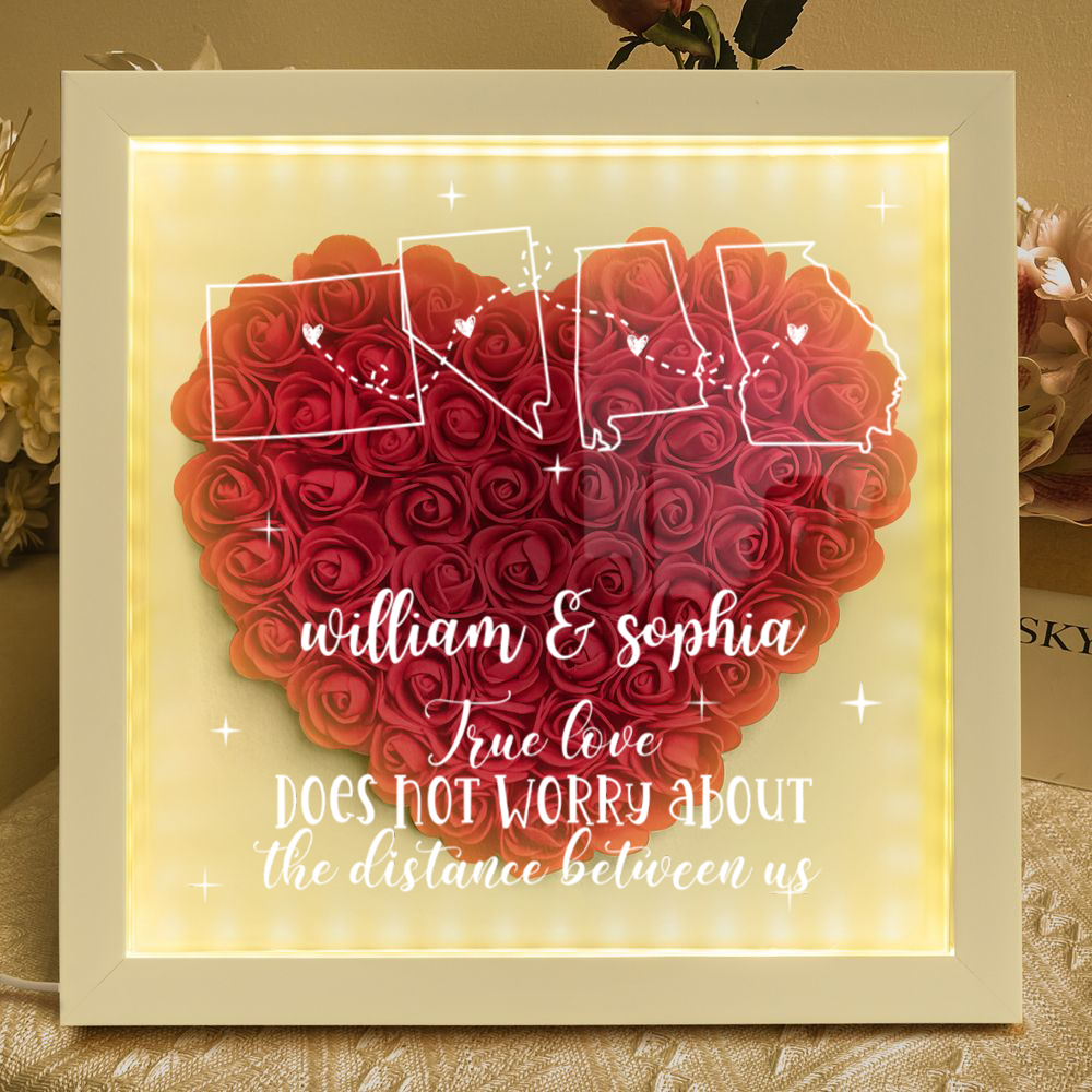 Long Distance Relationship For Couples - Personalized Flower Shadow Box With LED Light