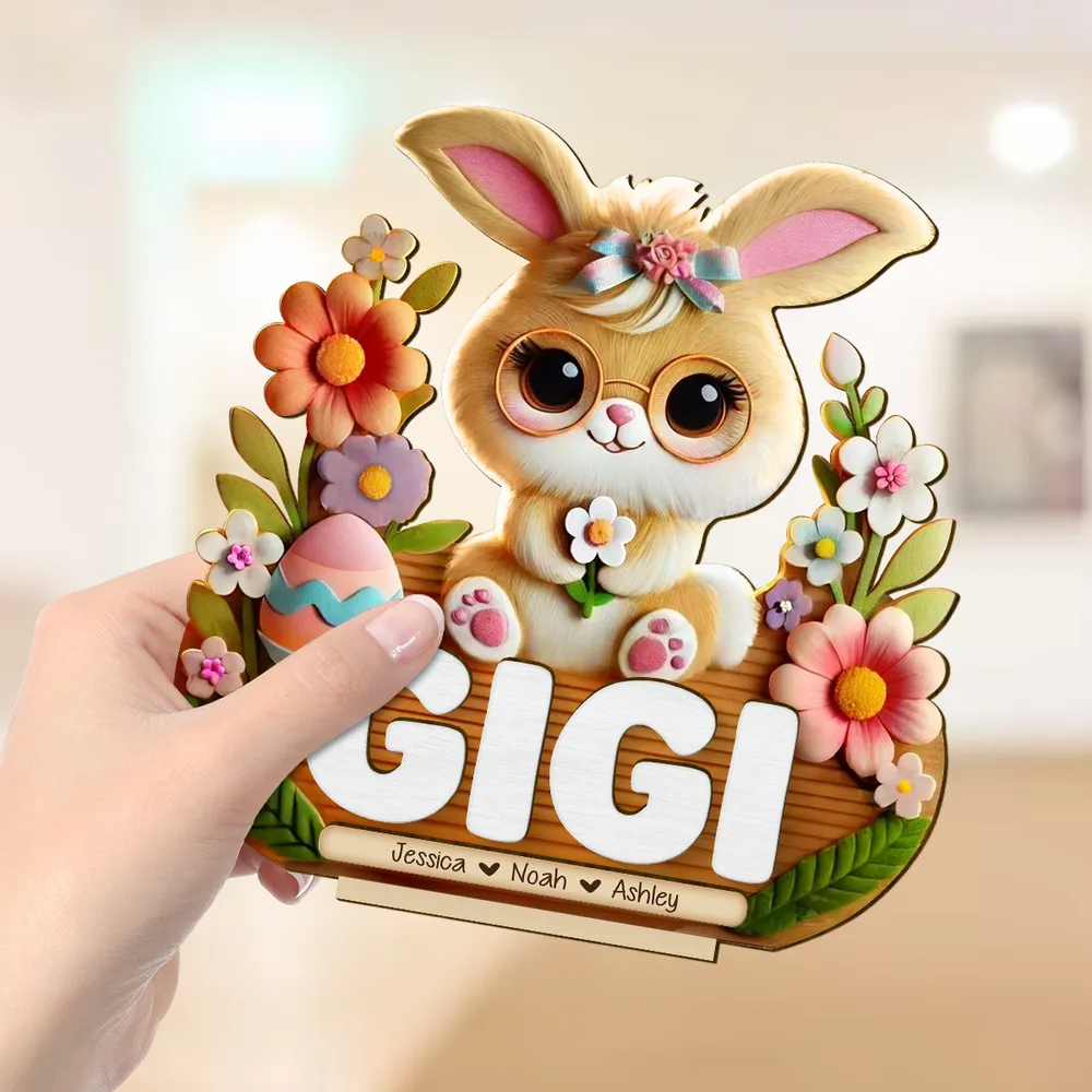 Mom Grandma's Easter Magic With Cute Bunny Engraved Standing Wooden Plaque, Heartfelt Personalized Mother's Day Gift