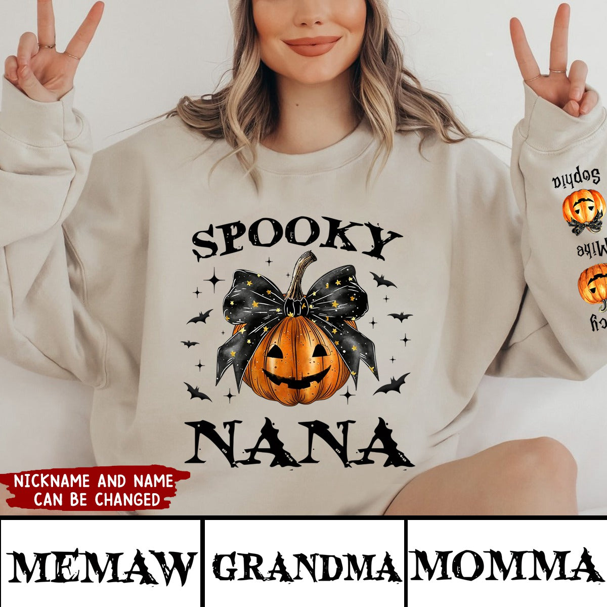 Personalized Sleeve Printed Sweatshirt - Spooky Grandma Mom Halloween Pumpkin