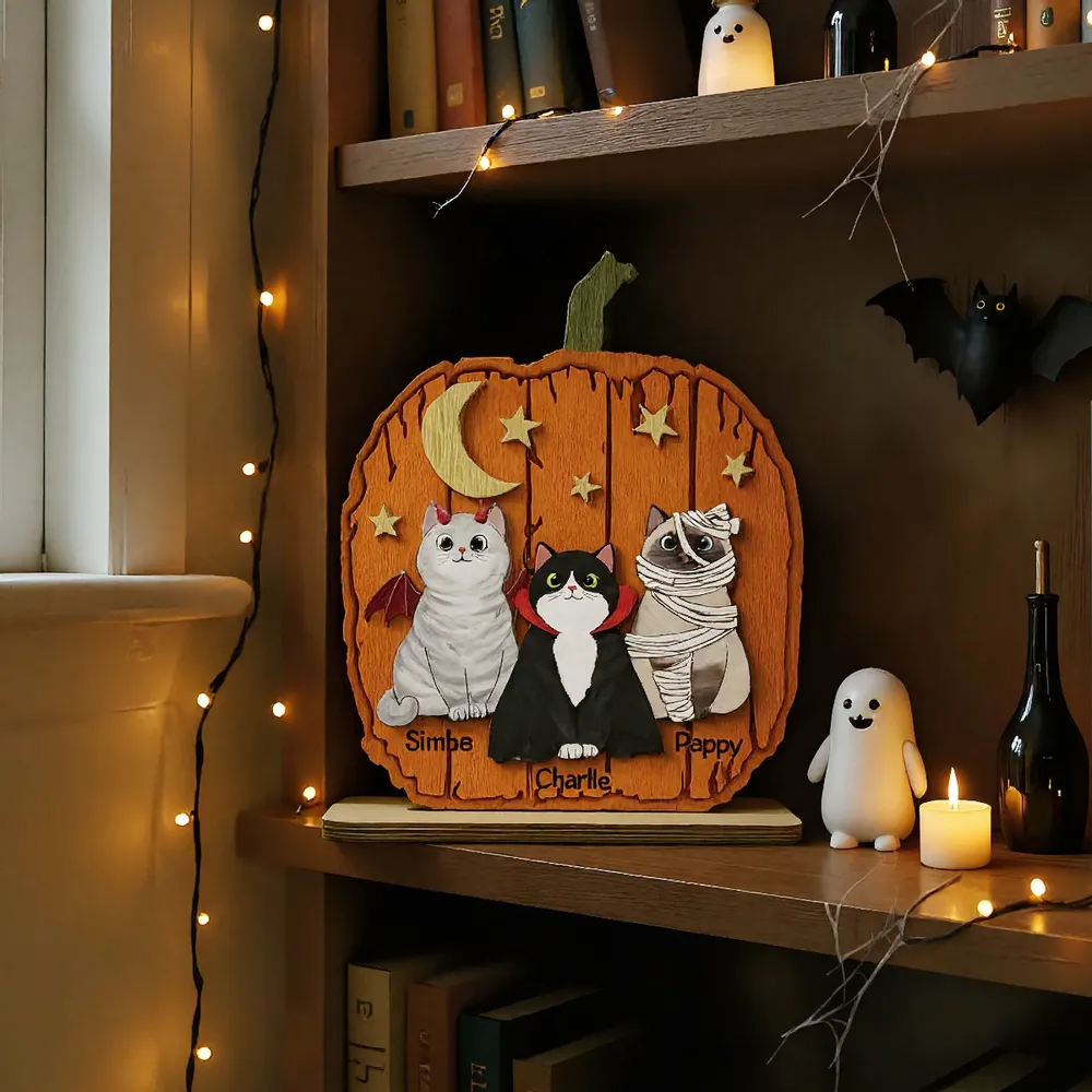 Halloween Cat Pumpkin Personalized 2-Layered Standing Wooden Plaque Gift For Cat Lover