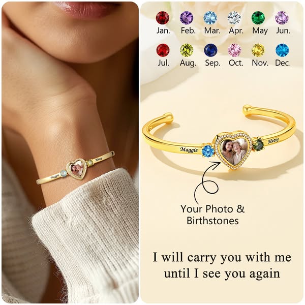 Personalized Birthstone Photo Card Cuff Bracelet For Women