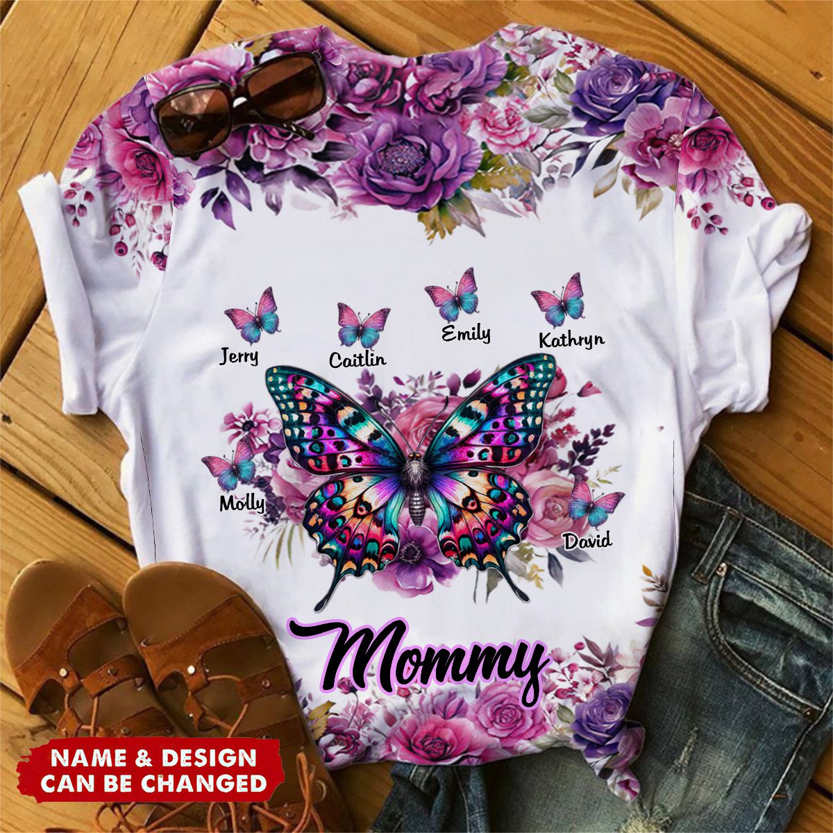 Personalized Purple & Pink Floral Butterfly Grandma T-shirt