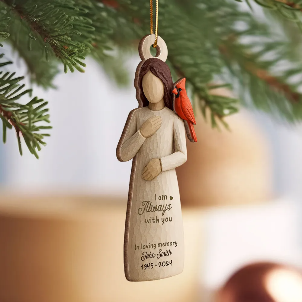 Always With You Cardinal & Woman Personalized Wooden Ornament, Memorial Sympathy Gift