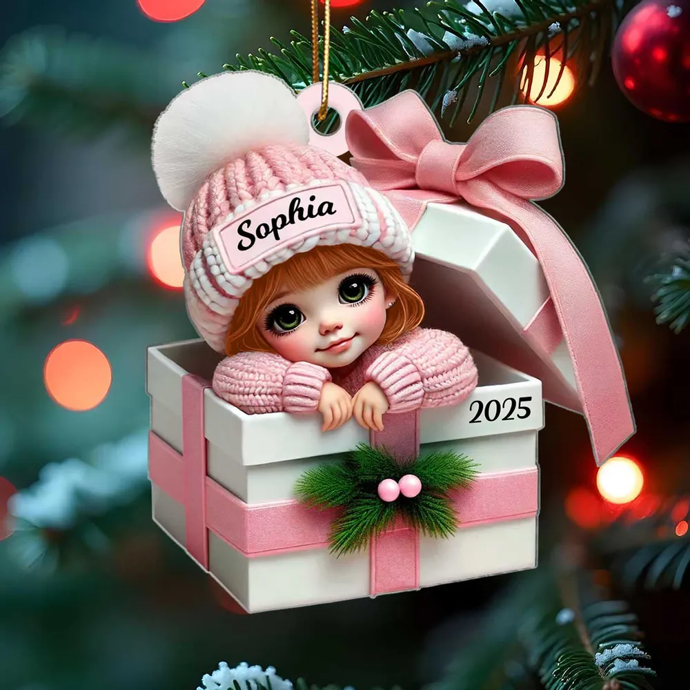 Kid Boy Girl Inside Gift Box Personalized Acrylic 2D Flat Ornament