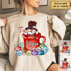 Personalized Hot Cocoa Cup Grandma Snowman With Little Grandkids Sweatshirt