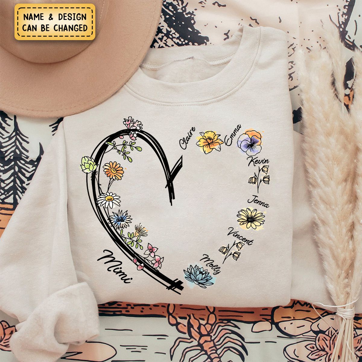 Personalized Heart Watercolor Birth Flowers Sweatshirt