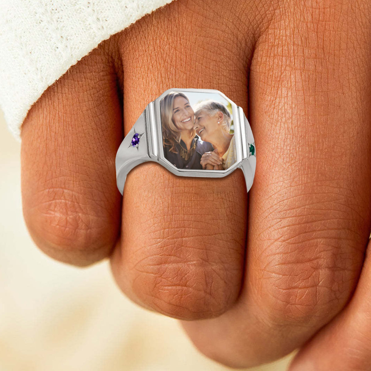 Photo Ring With 2 Birthstones, Personalized Gift for Her