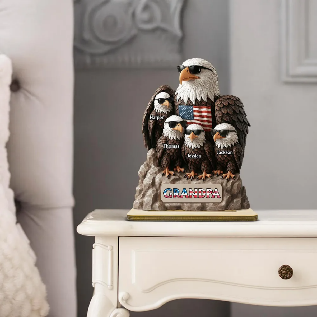 Patriotic Eagle Grandpa Dad & Kids Personalized Standing Wooden Plaque, Gift For Dad Grandpa