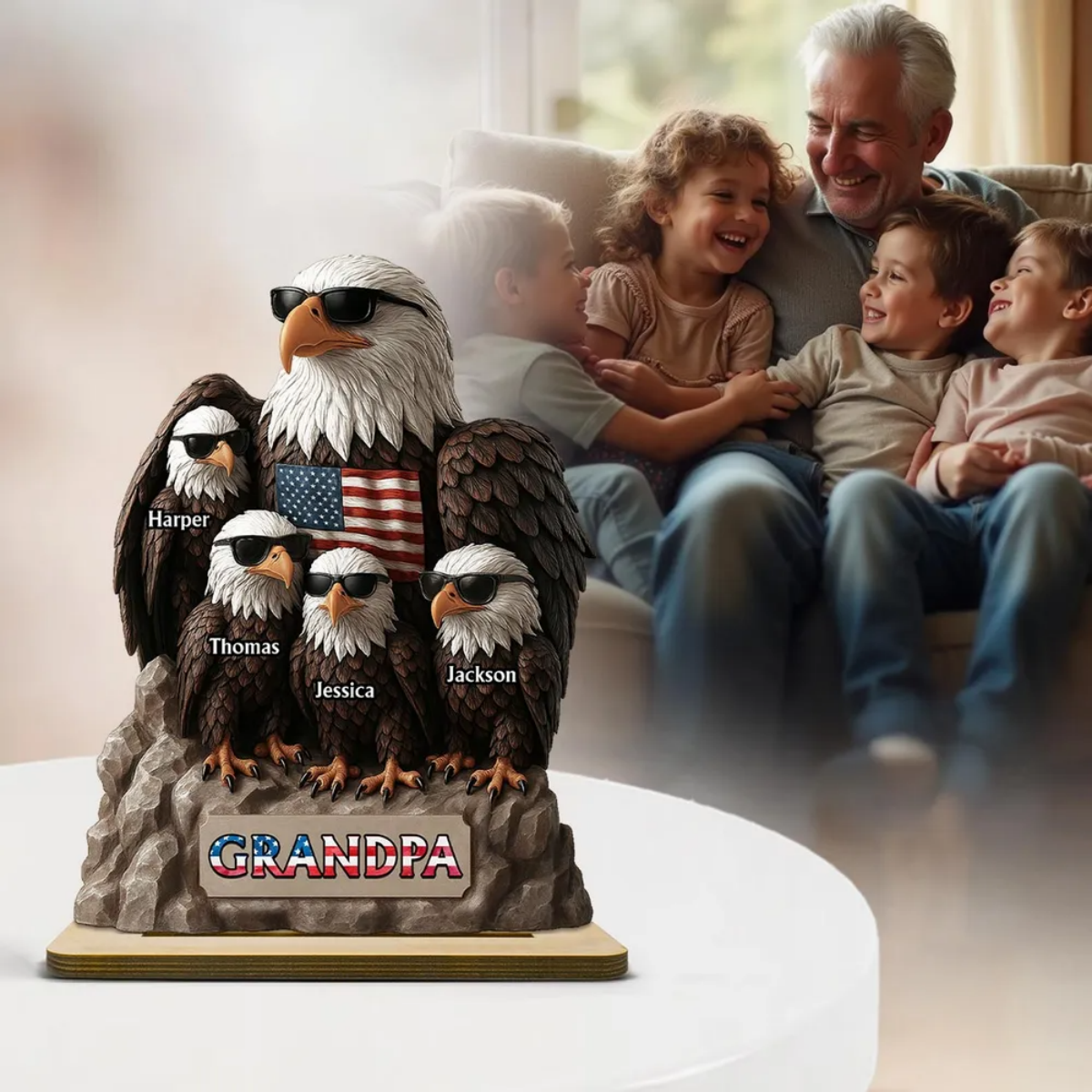 Patriotic Eagle Grandpa Dad & Kids Personalized Standing Wooden Plaque, Gift For Dad Grandpa