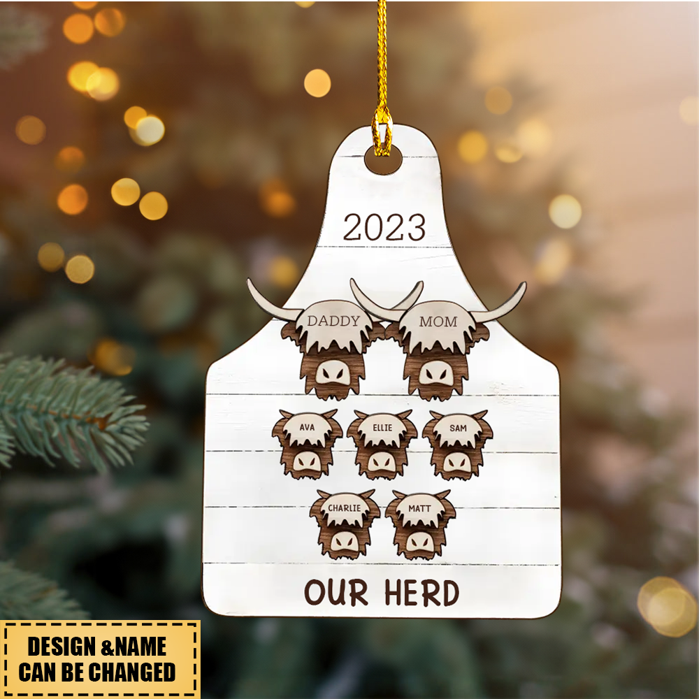 Personalized Highland cow, family christmas , farmhouse Christmas Wood Ornament