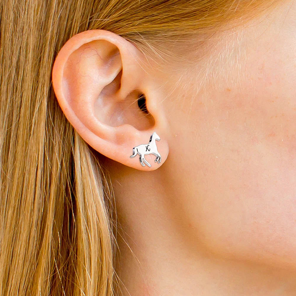 Personalized Little Galloping Horse Stud Earrings with Engraved Initial Gift for Horse Lover