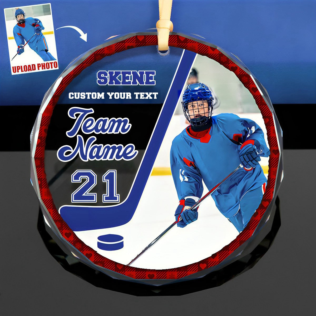 Custom Photo Gift For Ice Hockey Player Personalized Christmas Crystal Glass Ornament