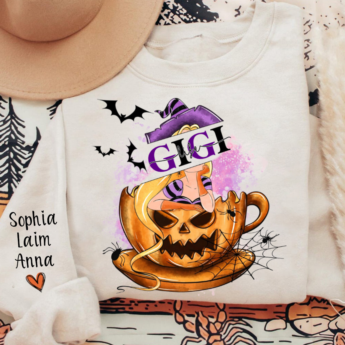 Personalized GIGI life Witch Halloween Sweatshirt with Grandkids' Names on Sleeve