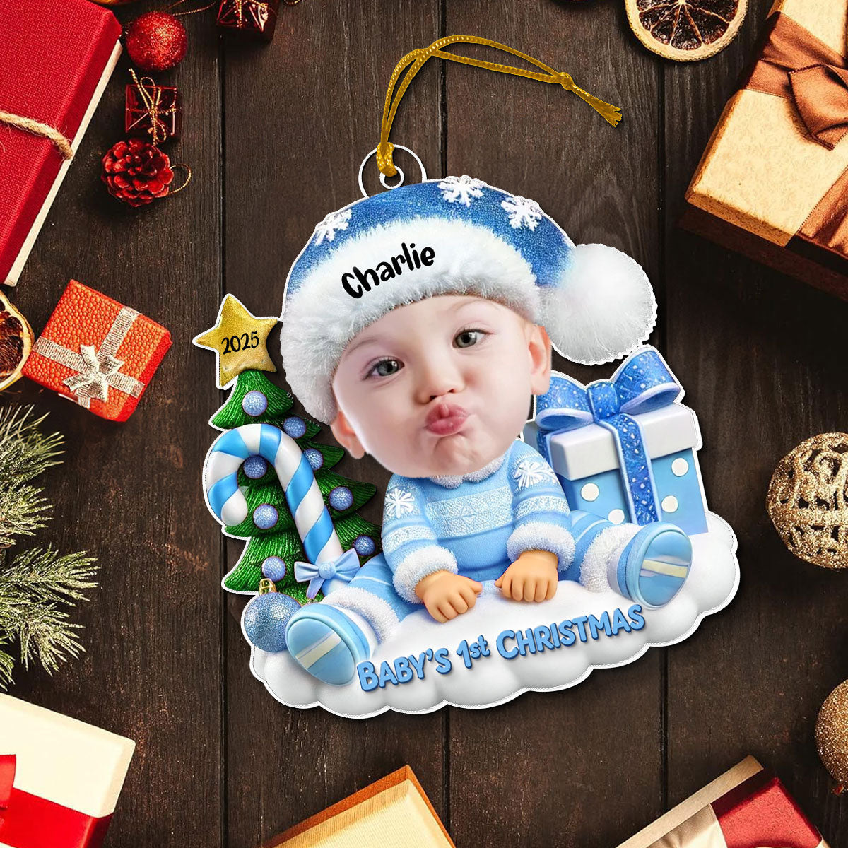 Cute Baby Sitting Personalized  Acrylic Ornament, Christmas Keepsake for Baby, New Mom, New Dad