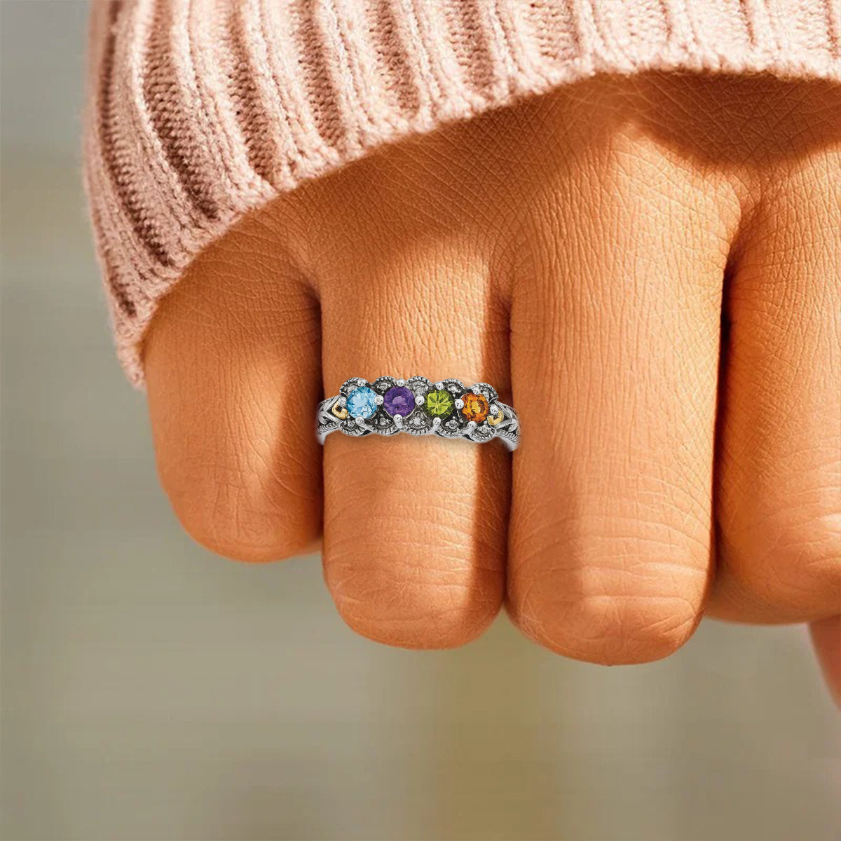 Personalized Antiqued Diamond accent Mother's Birthstone Ring 2 - 5 Stones