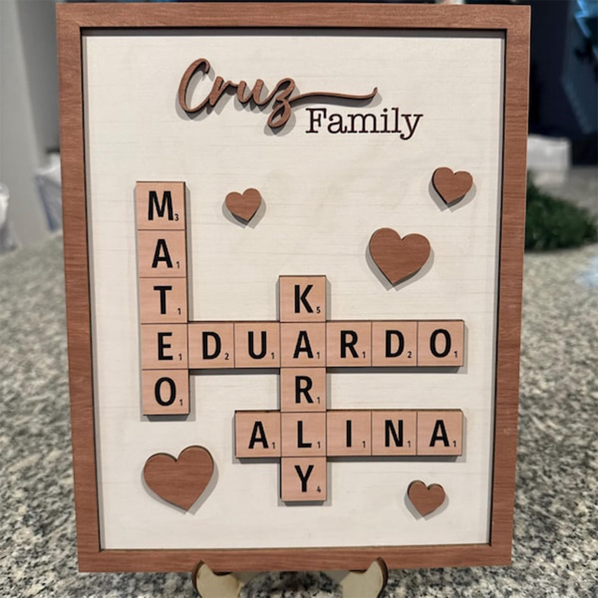 Personalized Puzzle Crossword scrabble board, Custom Family name 2-Layered Wooden Plaque With Stand