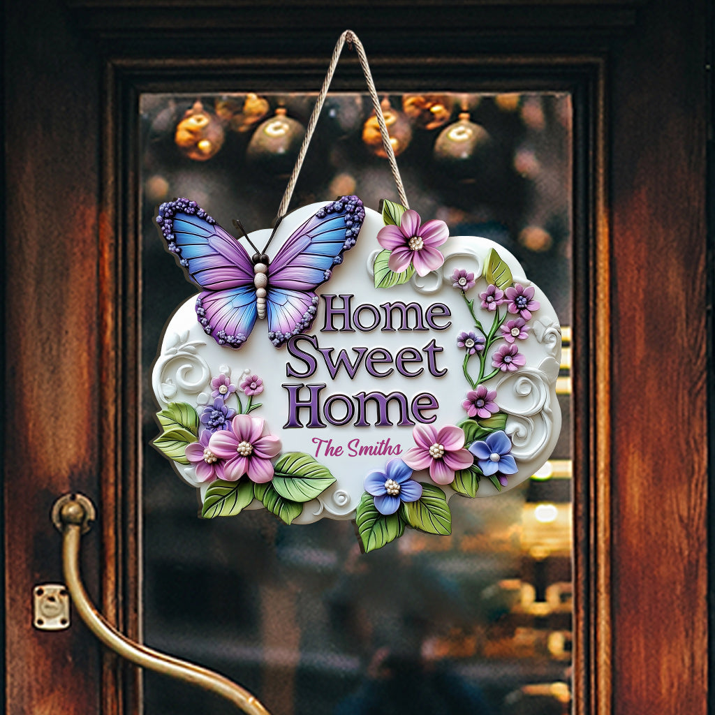 Home Sweet Home - Personalized Butterfly Flower Wood Sign