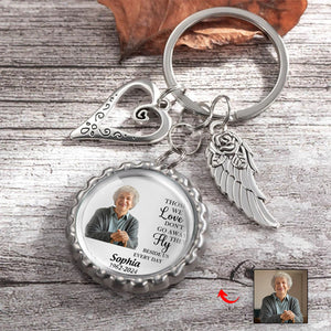 Personalized Memorial Photo Small Disc Keychain With Wings Heart Charm