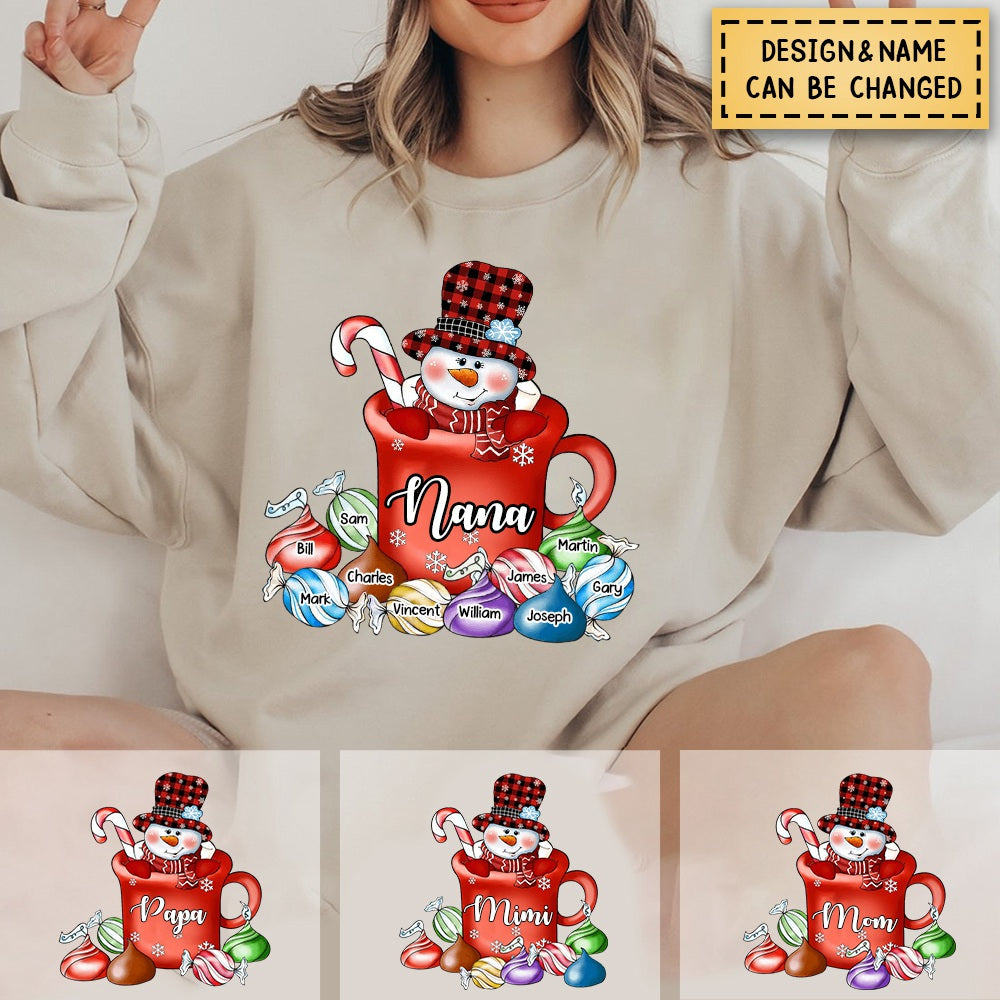 Personalized Hot Cocoa Cup Grandma Snowman With Little Grandkids Sweatshirt