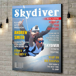 Personalized Skydiver Magazine Cover, Custom Skydiver Photo Canvas, Skydiving Adventure Canvas, Skydiver Gift, Birthday Gift