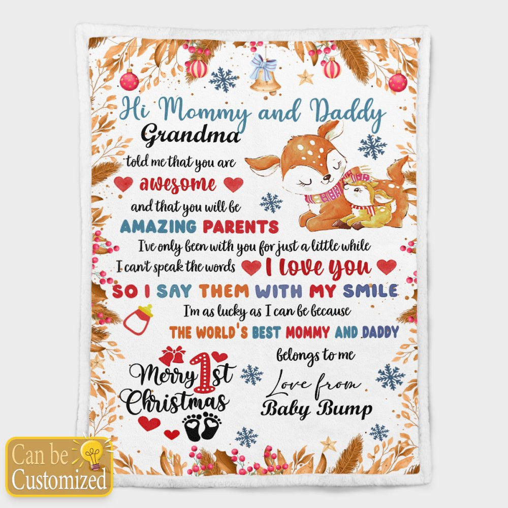 Merry 1st Christmas - Baby Dear Mommy & Daddy We Love You Personalized Blanket