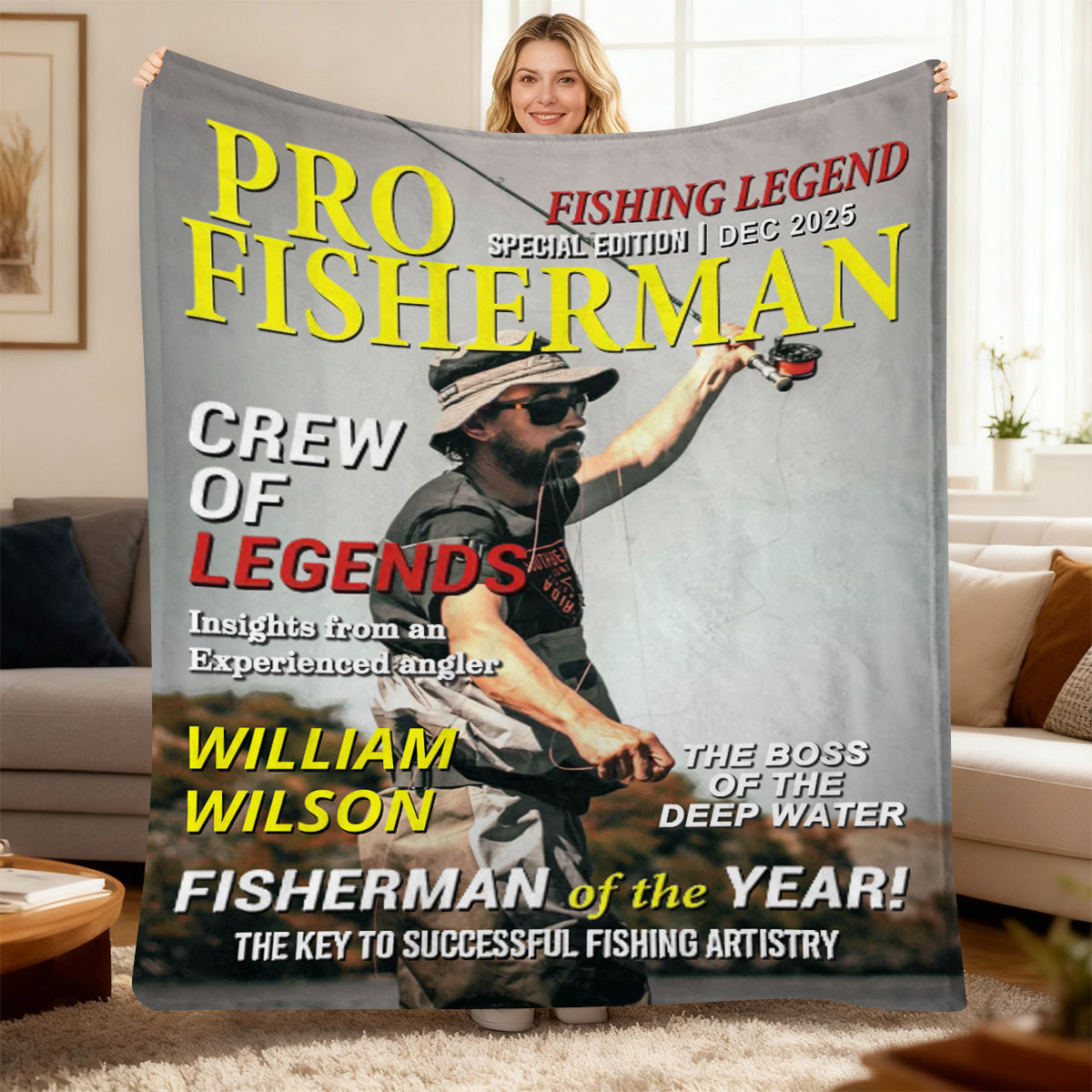 Custom Photo Hooked On Greatness Fishing Magazine Cover Blanket, Personalized Fishing Gifts for Men, Funny Gift for Fisherman