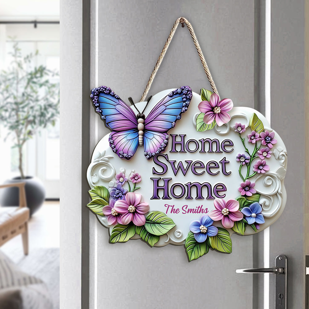 Home Sweet Home - Personalized Butterfly Flower Wood Sign