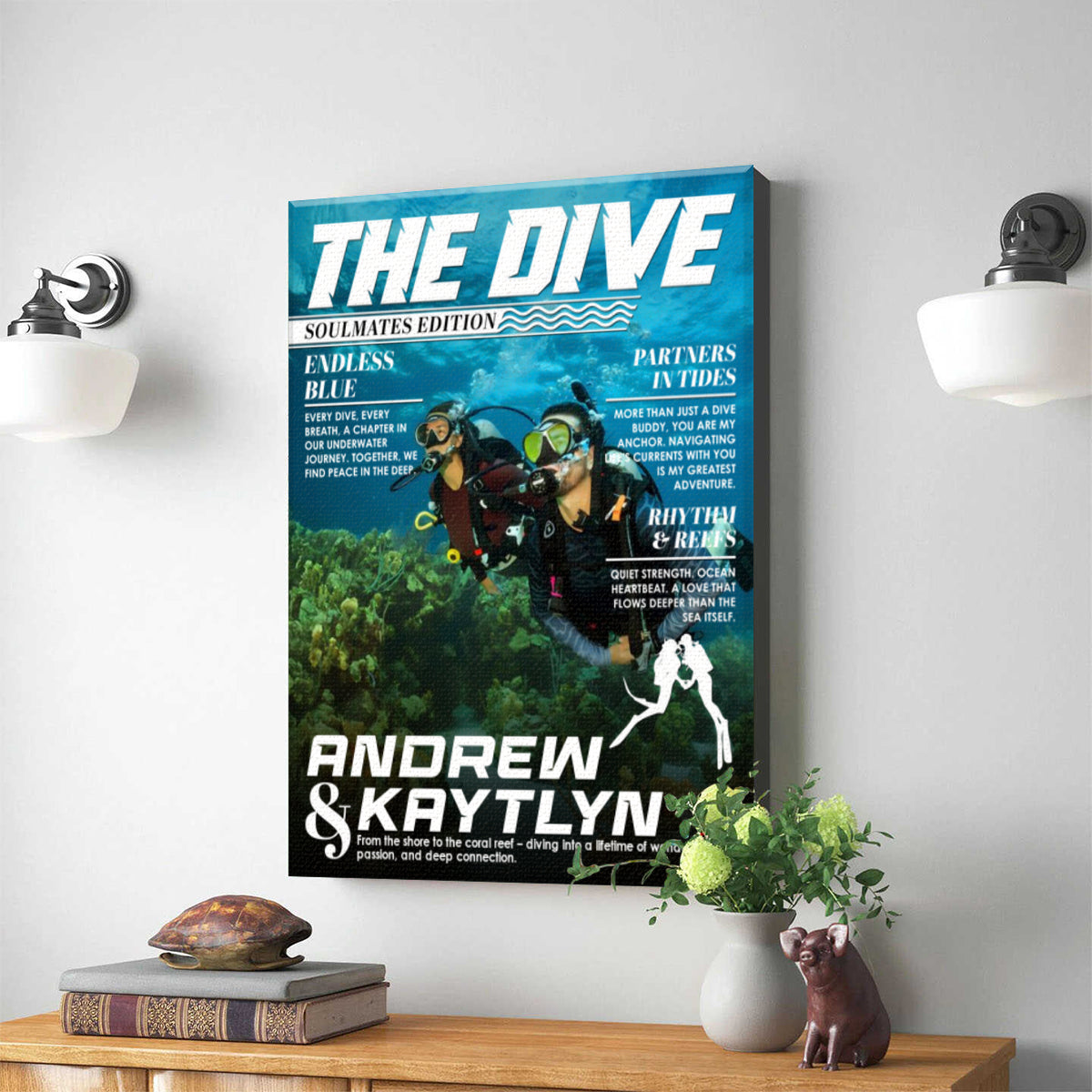 Custom Scuba Diver Couple Magazine Cover Canvas, Scuba Diving Magazine Cover, Ocean Lover Canvas Wall Art, Scuba Diving Soulmates Sign