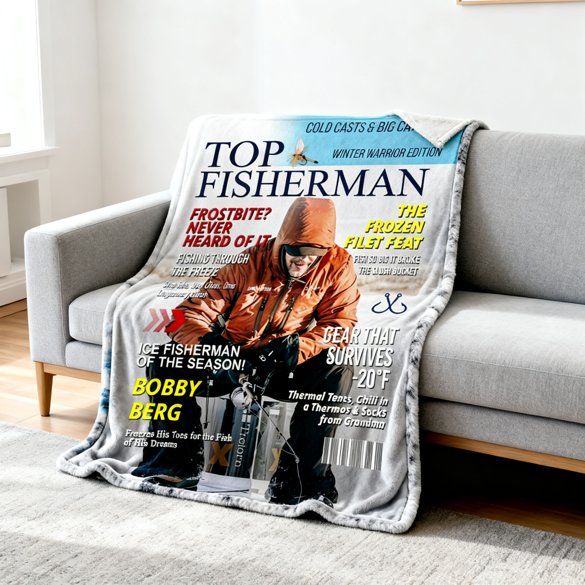 Personalized Ice Fishing Magazine Cover Blanket  Fishing Gifts for Men, Fishing Gifts for Him, Fishing Lover Gift