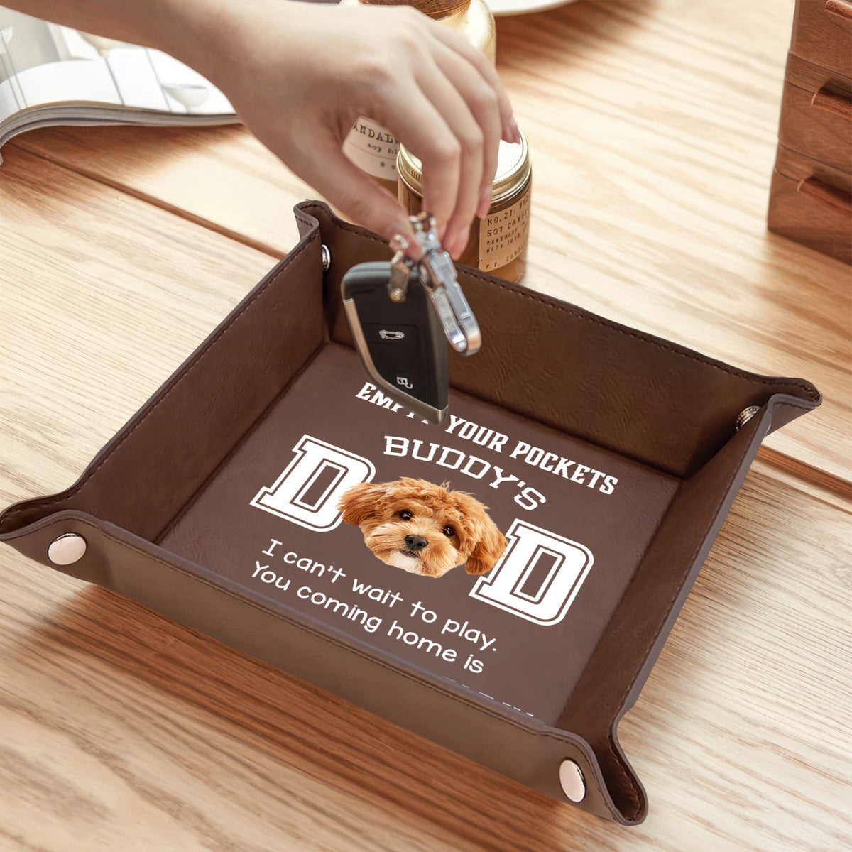 Custom Photo Dog Can't Wait To Play With Dad Personalized Leather Valet Tray